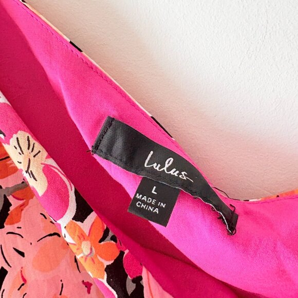 Lulus Gorgeous Garden Pink Floral One-Shoulder Faux-Wrap Mini Dress NWT Large - Picture 7 of 8